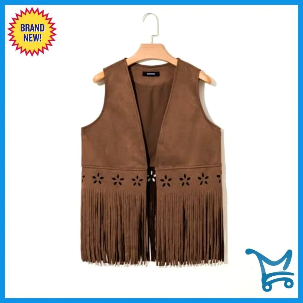 Large Faux Suede Fringe Vest Western Sleeveless Hollow Out Tassel - Picture 5 of 7